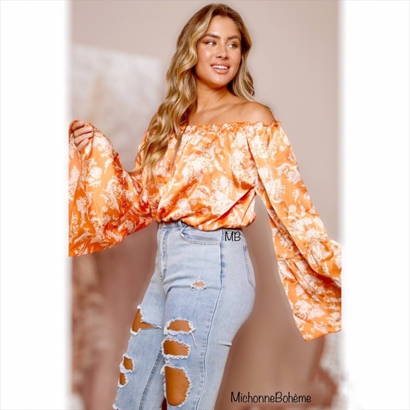 Orange Spring Floral Crop Top Blouse - Picture 7 of 11